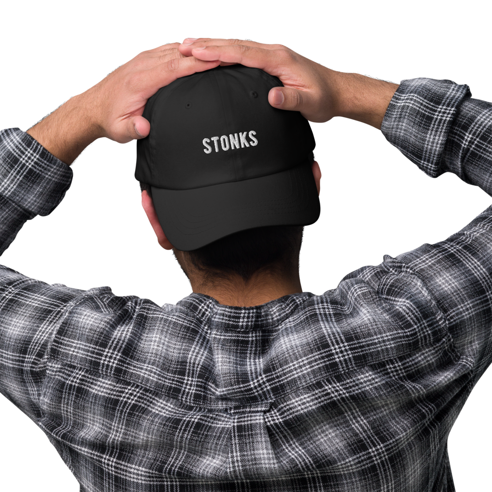 Stonks meme hat featuring white text on a black background, humorously representing a positive financial trend or investment success.